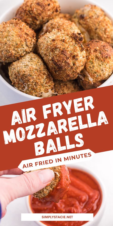 Two image collage of Air Fryer Mozzarella Balls. First image shows them in a white bowl. Second image shows a hand dipping a cheeseball into pizza sauce. Crispy Mozzarella Balls, 3 Ingredient Mozzarella Balls, Small Mozzarella Balls, Air Fried Mozzarella Balls, Mozzarella Balls Air Fryer, Mozzarella Appetizer Ideas, Appetizers Mozzerella Balls, Air Fryer Pizza Balls, Air Fryer Mozzarella Balls