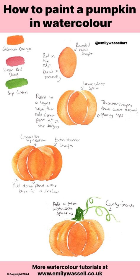 Tutorial: How to paint pumpkins in watercolour - Emily Wassell Fruit Art Kids, Creative Pumpkin Painting, Pumpkin Watercolor, No Carve Pumpkin Decorating, Creative Pumpkin Carving, Pumpkin Painting Ideas, Creative Pumpkins, Watercolor Pumpkins, Pumpkin Painting