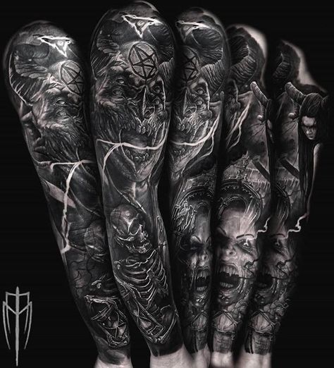 Dark Sleeve Tattoos For Guys, Demonic Tattoos For Men Sleeve, Evil Tattoos Demons, Men Tattoo Sleeve, Sleeve Designs Tattoo, Thigh Sleeve Tattoo, Dark Tattoos For Men, Tattoo Odin, Dragon Tattoos For Men