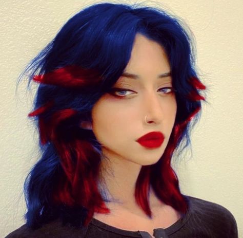 Summer Hair Color Ideas for Brunettes | Get the Look - Hair Color Highlights Blue Hair With Red Tips, Blue And Red Hair Color, Blue Red Hair, Red And Blue Hair, Blue And Red Hair, Red Hair Tips, Color Block Hair, Hair Colour Inspo, Summer Hair Color Ideas