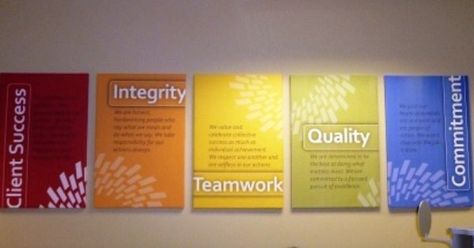 Plexiglass Core Values Sign | John N. Daniello | Company Mission ... Company History Wall, Wall Graphics Office, Values Display, Company Core Values, Office Wall Graphics, Office Graphics, Corporate Values, Office Wall Design, Company History