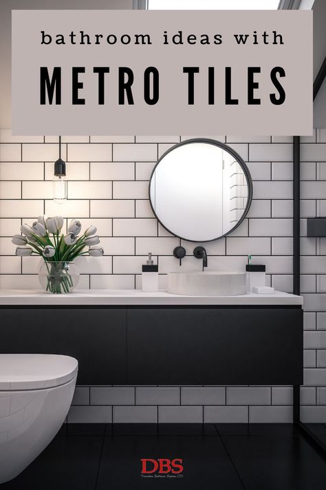 Subway Tiled Bathrooms, Black White Subway Tile Bathroom, Metro Tile Bathroom Ideas, White Wall Tiles Bathroom, Half Tiled Bathroom Ideas, Metro Bathroom Tiles, Bathroom With Metro Tiles, Shower Metro Tiles, Bathroom Ideas Metro Tiles