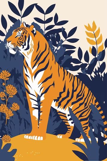 Boho Illustration, Cat Years, Tiger Wall Art, Jungle Illustration, Tiger Illustration, School Murals, King Of The Jungle, Tiger Art, Flat Vector