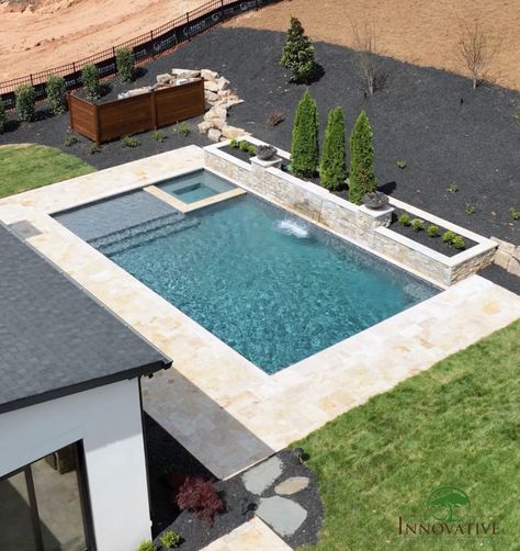 12x20 Pool Inground, Pool Ideas Inground Rectangle, Backyard Layout With Pool Garden Design, Swimming Pools Backyard 2023, Modern Rectangle Pool Design, Pool With Built In Spa, Pool With Flush Spa, Simple Backyard Landscaping With Pool, In Ground Rectangle Pools