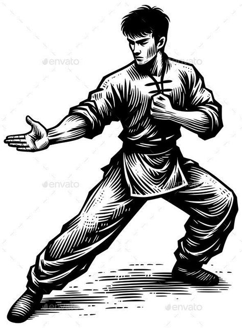 Wing Chun Kung Fu Linocut Kung Fu Poses Reference, Kung Fu Tattoo, Ink Reference, Way Of The Dragon, Bruce Lee Art, Wing Chun Kung Fu, King Tiger, Dragon Warrior, Martial Arts Styles