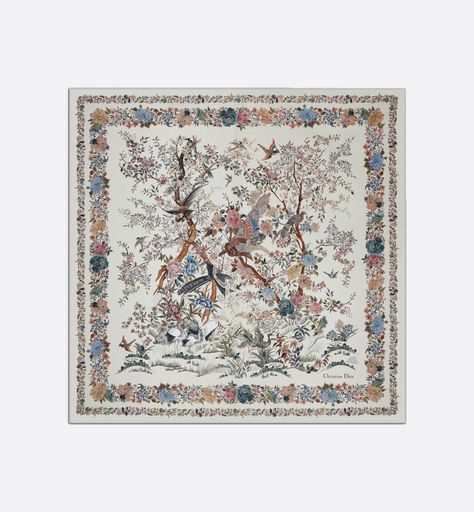 Dior Jardin d'Hiver 90 Square Scarf White Multicolor Silk Twill | DIOR Designer Silk Scarves, Twilly Scarf, Christian Dior Fashion, Designer Accessories Fashion, Christian Dior Couture, Twilly, Dior Couture, White Crystals, Lightweight Scarf