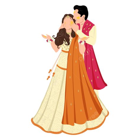 Haldi Groom Illustration, Haldi Couple Outfits, Indian Wedding Vector, Indian Bride And Groom Illustration, Haldi Caricature, Haldi Couple, Outfits For Bride, Indian Mehendi, Wearing Outfits