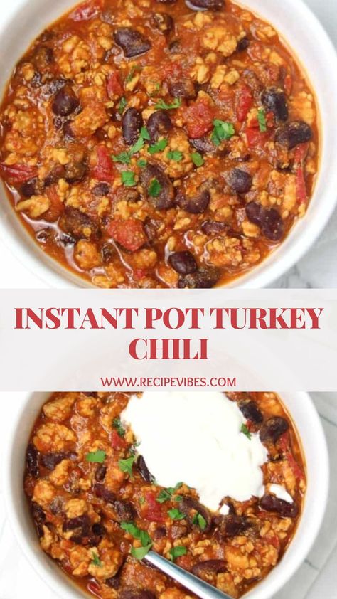 Looking for a quick and easy way to enjoy a delicious bowl of hearty chili? Try this Instant Pot Turkey Chili recipe! Packed with flavorful spices and tender chunks of ground turkey, this chili is the perfect comfort food for chilly nights. Full recipe on the website! Ground Turkey Chilli, Instant Pot Turkey Chili, Ground Turkey Chili Recipe, Turkey Chili Recipe Easy, Pressure Cooker Turkey, Pressure Cooker Chili, Easy Turkey Chili, Ground Turkey Chili, Turkey Chili Crockpot