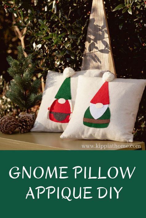 These gnome applique pillows are adorable all year, Easy and inexpensive  to make, Handmade pom poms, Girl gnome with pigtails, learn how with  free patterns. Easy Gnomes Diy, Gnome Applique, Make Gnomes, Sewing Pillows Ideas, Scandinavian Ornaments, Christmas Needlework, Gnome Pillow, Gnome Craft, Diy Gnome