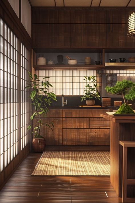 Zen Kitchen Design with Traditional Japanese Elements Japanese Kitchen Backsplash, Cooks Dream Kitchen, Japanese Interiors Traditional, Japan Style Kitchen, Kitchen Ideas Japanese, Japanese Kitchen Interior, Japanese Interior Design Kitchen, Japan Kitchen Design, Japanese Apartment Kitchen