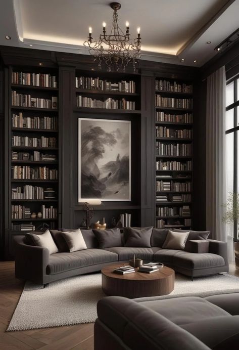 21 Elegant Built-In Shelves Ideas for the Living Room 13 Bookshelf And Bar, Bar In Bookshelf, Library Living Room Aesthetic, Library Style Living Room, Library In House Aesthetic, Moody Reading Nook, Aesthetic Home Library, Cozy Library Room Ideas, Modern Bookcase Design