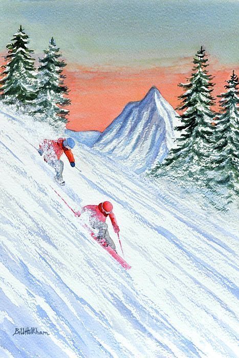 Ski Slope Drawing, Skiing Drawing, Skiing Painting, Ski Painting, Ski Drawing, Wall Poster Art, Skiing Art, Snowboard Art, Dangerous Sports