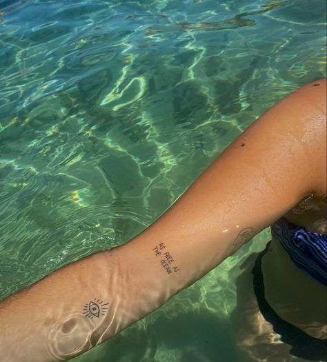 #mallorca #tattoo #aesthetic Dainty Tattoos Beach, Lost At Sea Tattoo, Ocean Tattoo Aesthetic, Tattoos About The Ocean, Ocean Vibe Tattoos, Ocean Word Tattoo, Beach Boys Tattoo, Coastal Tattoos For Women, As Free As The Ocean Tattoo