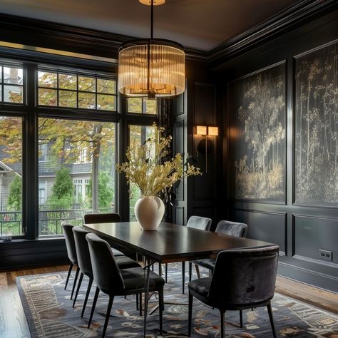 There is nothing like a moody dining room design. #unionhomedesign #MoodyDining #ElegantInteriors #InteriorInspiration #interiordesign #homedecor #interiorstyling #interiorlovers #mainlineinteriordesigner #philadelphiadesign Moody Transitional Dining Room, Dining Room Decor Moody, Feature Wall In Dining Room, Moody Glam Office, Moody Blue Dining Room, Moody Green Dining Room, Long Dining Room Wall, Emerald Dining Room, Dark Moody Dining Room