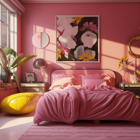 Pink Red Interior, Mid Century Modern Bedroom Pink, Pink Mid Century Modern Bedroom, Pink Bed Bedroom Ideas, Pink Comforter Bedroom Ideas, Pink Accent Wall Bedroom, Post Modern Bedroom, Rainbow Walls, Pink Bedroom Walls