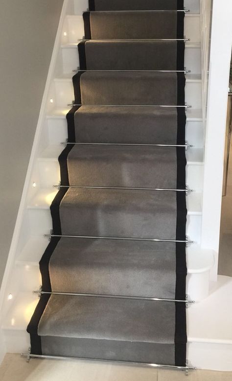 Grey Carpet Runner On Stairs, Grey And Black Stair Runner, Carpet Stairs With Lights, Stair Case Carpet Runner, Stair Runner Carpet Grey, Grey Runner Stairs, Staircase Ideas Black And White, Stair Carpet Runner With Rods, White And Grey Staircase