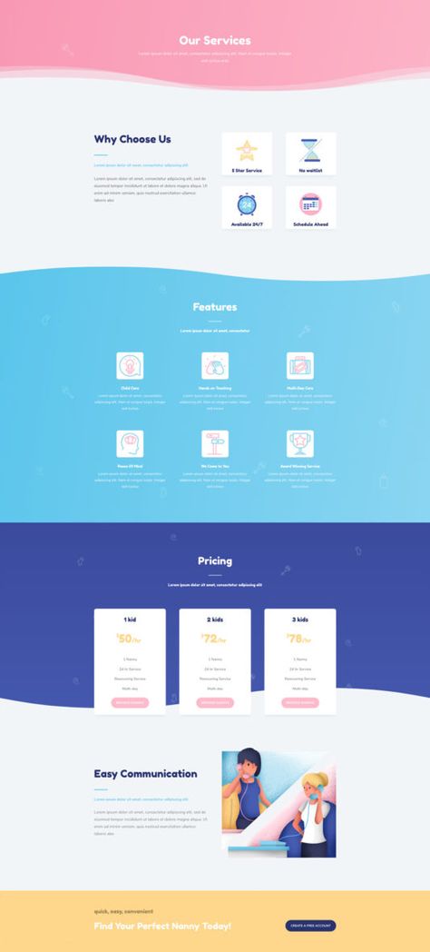 The Babysitter Layout Pack contains eight different and unique layouts. On top of that, it has a ton of icons and illustrations included that match the color palette of the layout pack perfectly (and which you can use without any restrictions). You can also find beautiful section dividers within each layout that make your website look sophisticated yet simple at the same time.  Elegant Themes has the best themes in the business! #ad Divider Page Design, Divi Layouts, Library Icon, Best Themes, The Babysitter, Divi Theme, Look Sophisticated, Team Page, Services Page