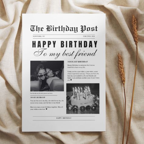 Birthday Newspaper post to to celebrate a special person! <3 This digital download is perfect for any florist, or person who would like to make their their special gift or bouquet stand out from the rest. Place this downloadable newspaper insert around your flowers or in your gift basket for a unique touch <3 Included:  -PDF with link to Editable Newspaper- can change the photos, wording, font etc. to make your very own customized newspaper :) If you have any trouble or questions, feel free to message me! Birthday Gifts For Boyfriend Pictures, Birthday Gift For Myself, Bf Birthday Gift Ideas, Birthday Newspaper Template, Bday Surprise Ideas, 21st Birthday Boyfriend, Cute Birthday Baskets For Best Friend, 25th Birthday Gifts For Him, Birthday Bedroom Surprise For Him