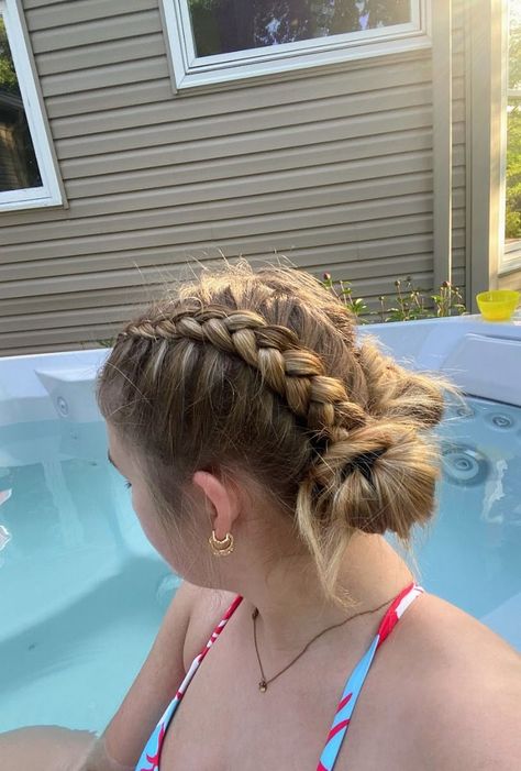 "The Ultimate Cool Brown & Cherry Red Hair Transformation" French Braids Into Space Buns, Hairstyles Ideas Medium Hair, Hair Braided Back Into A Bun, Easy Hairstyles Long Thick Hair, Simple Braid Bun, Easy Volleyball Hairstyles Short Hair, Cool Hairstyles Braids, Dutch Braid Bun Hairstyles, Braid Into Two Buns