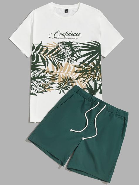 Manfinity RSRT Men Letter & Tropical Print Tee and Shorts SetI discovered amazing products on SHEIN.com, come check them out! Dark Green Boho, Outfit Korean, Cozy Loungewear, Shorts Casual, Co Ords, Floral White, Mens Pajamas, Men T Shirt, Print Tee