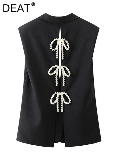 Vests Outfits, Pearl Vest, Corporate Gowns, Sleeveless Waistcoat, Waistcoat Woman, Blouse Casual Fashion, Vest For Women, Fashion Design Collection, Pearl Bow