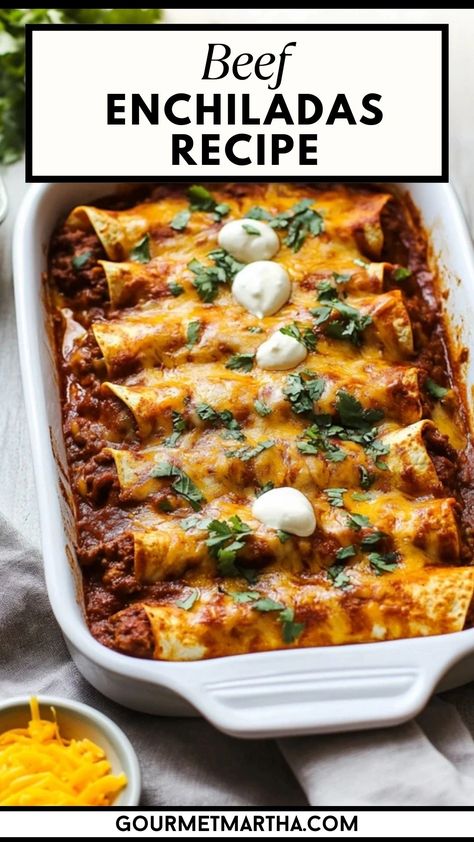 These juicy and flavorful beef enchiladas are the ultimate comfort food! Loaded with seasoned ground beef, smothered in rich, tangy sauce, and baked to perfection, this easy enchilada recipe will become a family favorite. Perfect for any weeknight dinner or gathering! #BeefEnchiladas #MexicanFood #ComfortFood #EasyDinner #GroundBeef #Enchiladas #CheesyGoodness #TexMex #FamilyDinners #DinnerIdeas Loaded Beef Enchiladas, Smothered Enchiladas Ground Beef, Beef Enchiladas With Cheese Sauce, Beef Enchilada Skillet Recipe, Best Beef Enchiladas, Beef And Cheese Enchiladas, Best Beef Enchilada Recipe, Easy Cheese Enchiladas, Beef Enchiladas Recipe