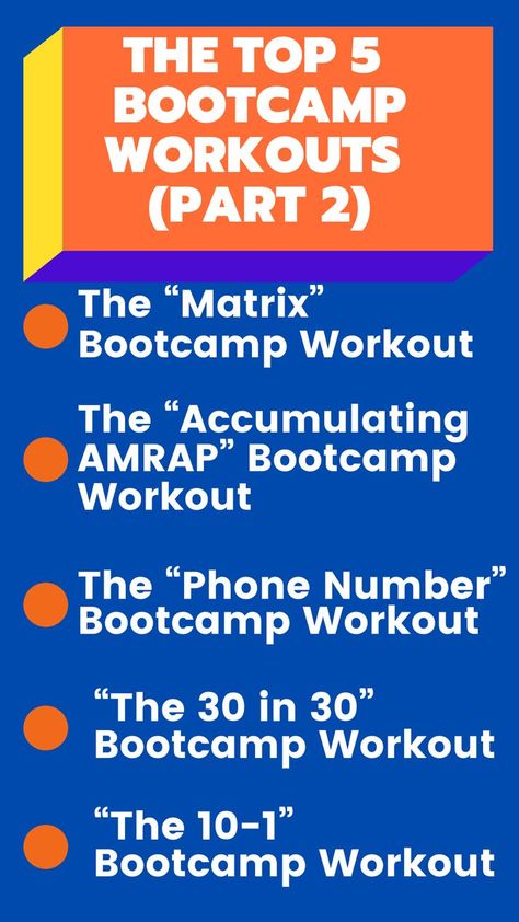 Check the Part 1 in one of our precious pins! Here's the continuation: 6. The “Matrix” Bootcamp Workout 7. The “Accumulating AMRAP” Bootcamp Workout 8. The “Phone Number”Bootcamp Workout 9. “The 30 in 30” Bootcamp Workout 10. “The 10-1” Bootcamp Workout Want more MORE workout ideas for your Bootcamp? Feel free to join our Free Facebook Group with over 14 000 other Fitness Professionals 5 4 3 2 1 Workout, Group Bootcamp Ideas, Bootcamp Workout Formats, Bootcamp Style Workout, Relay Workout Ideas, Cardio Bootcamp Workout, Group Fitness Class Ideas Circuit Training, Workout Class Ideas, Group Workout Ideas Boot Camp