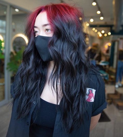 Red Black Dyed Hair, Red Root Black Hair, Red Hot Roots Hair, Only Roots Dyed Hair, Hair Roots Dyed, Red Roots On Black Hair, Red Roots With Black Hair, Colored Roots Hair, Red Shadow Root Black Hair