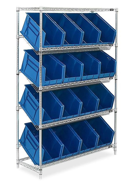 Slanted Wire Shelving - 48 x 18 x 72" with Bins H-3128 - Uline Commercial Storage Ideas, Small Warehouse Design Storage, Warehouse Storage Ideas, Warehouse Design Storage, Small Warehouse Design, Warehouse Office Design, Warehouse Layout, Pet Store Design, Small Restaurant Design