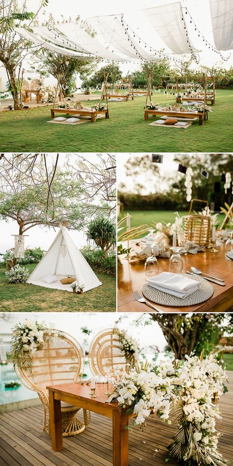 Gorgeous And Glamorous Wonderland In Uluwatu Wedding Boho Picnic Wedding Reception, Garden Picnic Wedding Ideas, Outdoor Picnic Wedding Ideas, Picnic Wedding Ideas Receptions, Backyard Picnic Wedding Ideas, Backyard Wedding Picnic, Wedding Reception Picnic Tables, Garden Picnic Wedding, Picnic Wedding Decor