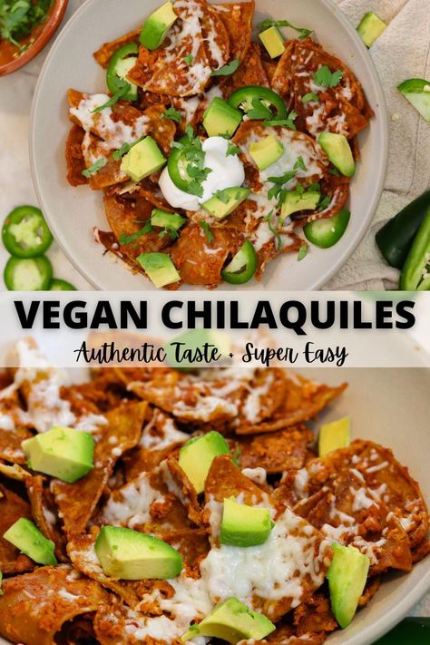 These vegan chilaquiles are the perfect Mexican breakfast, brunch, lunch or dinner. Crispy, air-fried tortillas mixed in with a savory guajillo sauce and vegan egg. They are easy to make and high in protein, fiber, and flavor! Aside from being delicious, they are also pretty balanced! You get your complex carbohydrate from the corn tortilla, plant-based protein from the vegan egg, extra fiber and nutrients from the sauce and toppings. #plantbased Vegan Chilaquiles Recipe, Vegan Chilaquiles, Guajillo Sauce, Vegan Breakfast Recipes Easy, Chilaquiles Recipe, Cheap Vegan Meals, Healthy Vegan Dinner Recipes, Healthy Mexican Recipes, Healthy Vegan Dinner