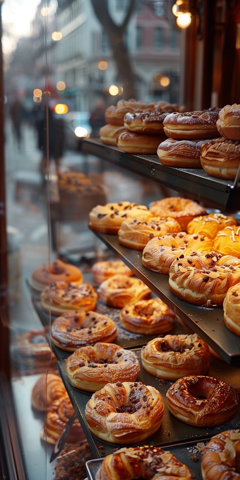 Colorful scene within the famed Dominique Ansel Bakery. Through the bustling atmosphere, unveiling the innovative world of pastry maestro Dominique Ansel. A pastry sensation that marries the flakiness of a croissant with the indulgence of a doughnut. Each delicate masterpiece on display reflects Ansel's commitment to pushing the boundaries of flavor and texture. The play of natural and ambient light accentuates the golden layers of the pastries. Cafe Pastry Ideas, Cafe Pastry Display, Coffee Shop Pastry Ideas, Easy Cafe Food Ideas, French Patisserie Shop, Boulangerie Aesthetic, Vintage Bakery Aesthetic, Dessert Display Ideas, Cafe Pastries