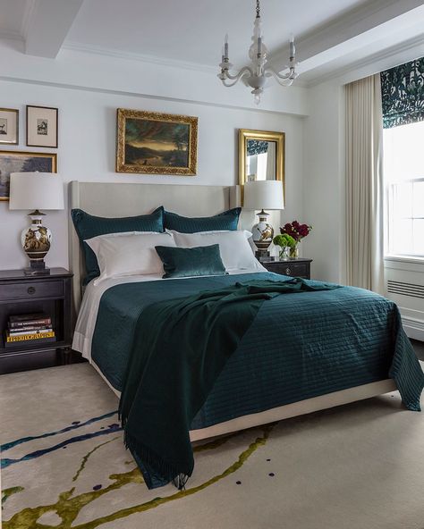 A deep turquoise shade is introduced in the master bedroom, which features a custom rug by Tai Ping; the Parzinger lamps—long coveted by the designer—were scored at an antiques store in Sag Harbor. A challenge for Leifer was keeping his own home consistent with the rest of his portfolio while staying on budget, so he got creative. Here, he opted for a faux Roman shade in a luxurious Hermès fabric, in lieu of a fully functioning iteration. Prewar Apartment, Marble Floor Pattern, White Marble Floor, Apartment Bedroom, Living Room Spaces, Elegant Home Decor, Oak Floors, Elegant Homes, Beautiful Bedrooms