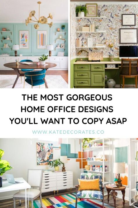 Need some home office decor ideas? Then you'll love this post that's chock full of the very best, most colorful and fun home office decorating inspiration. Whether you've got a dedicated home office or you're setting up a small space workstation in a corner of a room, there are lots of clever ideas in here that'll work for home offices of any size! #homeoffice #homeofficedesign #homeoffficedecor #workathome #remotework Home Office And Craft Room Design, Colorful Eclectic Home Office, Wallpaper In Home Office, Office And Art Room Ideas, Eclectic Office Ideas, Eclectic Home Office Ideas, Bold Office Design, Bohemian Office Space, Eclectic Office Decor