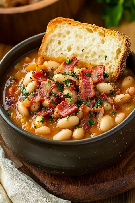 Hearty Bean & Bacon Soup | Bacon And White Bean Soup, Navy Bean Soup With Bacon, Ham Bean And Bacon Soup, Homemade Bean With Bacon Soup, Navy Bean And Bacon Soup, Homemade Bean And Bacon Soup, Hamburger Soup With Beans, Bean Bacon Soup Recipes, Campbells Bean And Bacon Soup Recipes