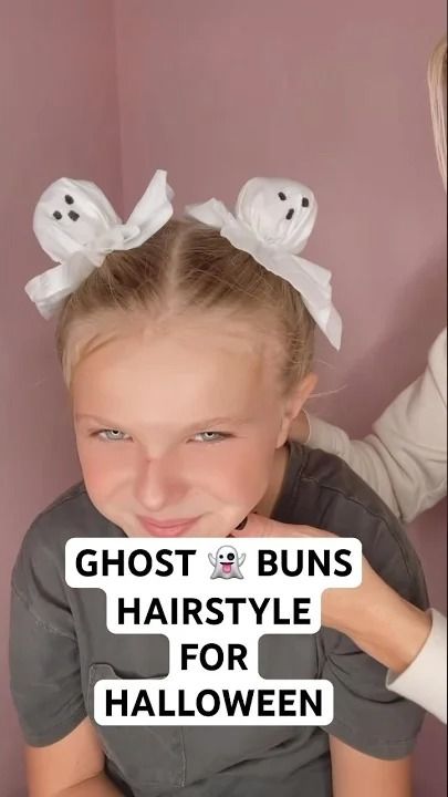 Hi everyone, it’s Audrey and Victoria! Thanks for watching our hair videos! We feel that everyone deserves a good hair day, and we love sharing easy and pret... Ghost Space Buns Hair, Halloween Space Buns, Hair Halloween Hairstyles, Spooky Hair Day, Ghost Hair Buns, Ghost Buns Hair, Ghost Hairstyle, Ghost Buns, Easy Halloween Hairstyles