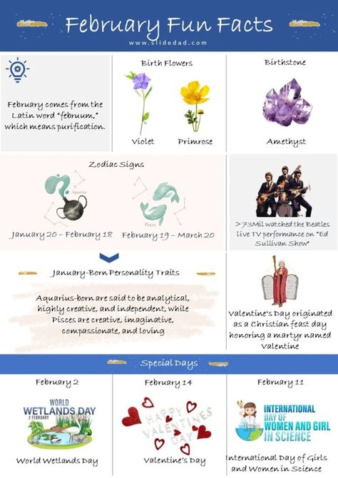 February infographic: Zodiac signs, birthstone, flower, name origins, special days, holidays, Valentine's Day, The Beatles Plot Activities, February Born, Custom Photo Calendar, Daily Planner Hourly, February Calendar, Monthly Printable, Free Calendar Template, Name Origins, Hourly Planner