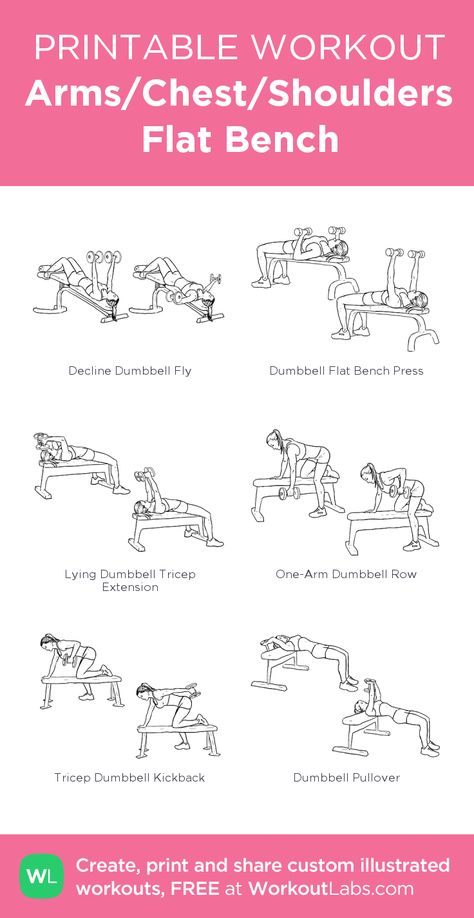 Arms/Chest/Shoulders Flat Bench: my visual workout created at WorkoutLabs.com • Click through to customize and download as a FREE PDF! #customworkout Upper Body Workout On Bench, Dumbbell Arm Workout Bench, Flat Bench Dumbbell Press, Dumbell Workout With Bench, Dumbbell Workout With Bench, Bench Upper Body Workout, Workout Bench Workouts, Arm Workout With Bench, Arm Workout Women Bench