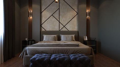 Bedroom Design on Behance Chevron Wall Decor, Velvet Pattern, Modern Luxury Bedroom, Padded Headboard, Beds And Headboards, Upholstered Panels, Bedroom Furniture Design, Bedroom Furniture Beds, Remodel Bedroom