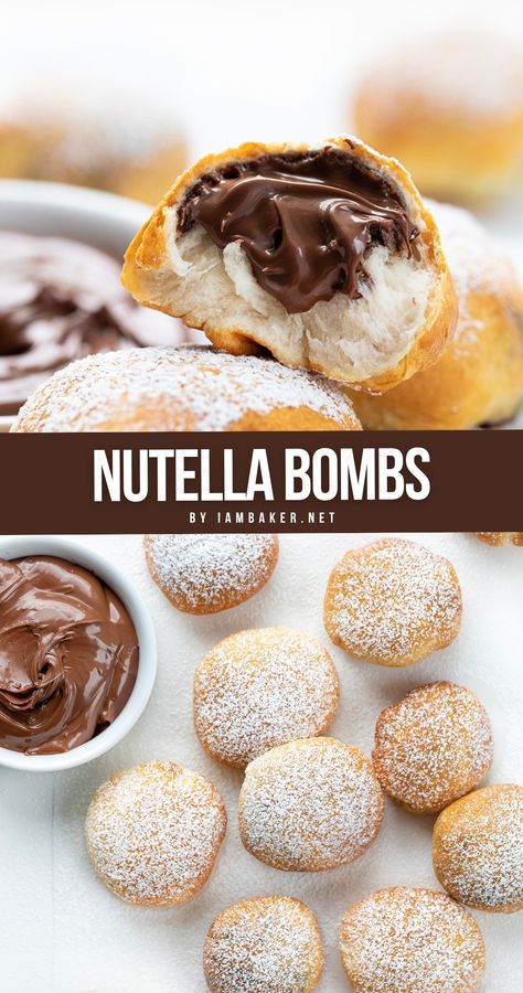 Two images of Nutella.  The first image is a close-up image from the side of a Nutella boma, ripped open showing the inside.  The second image is from overhead and shows the cooked Nutella bombs on a white surface with a bowl of Nutella. Things To Bake With Cake Mix Boxes, Deserts With Nutella Easy, Bombolini With Nutella, Nutella Air Fryer, What To Eat Nutella With, Snack Ideas Movie Night, What To Make With Nutella Easy, 3 Ingredient Air Fryer Recipes, Easy Desserts Air Fryer