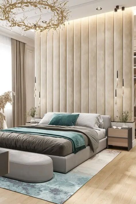 Beautiful Bed Designs, Wall Panels Bedroom, Upholstered Wall Panels, Masculine Bedroom, Upholstered Walls, Bed Design Modern, Headboard Wall, Gorgeous Bedrooms, Bedroom Panel