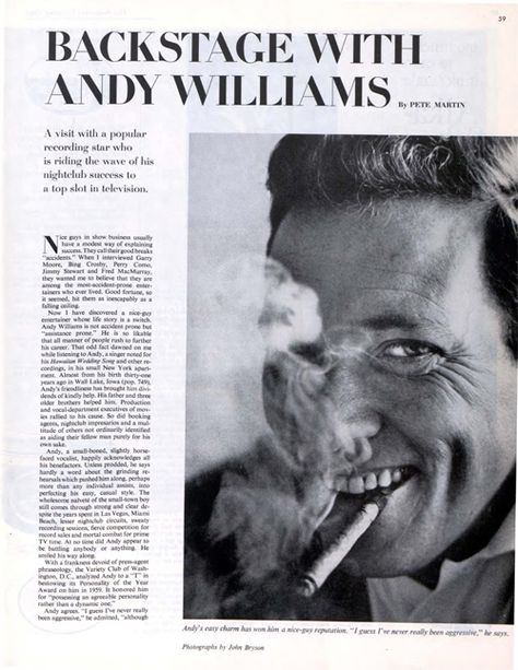 "All I want out of life is to be comfortable," Andy Williams told the Post in this 1962 article. William Tell, John Glenn, Musical Artist, The Saturday Evening Post, Andy Williams, Saturday Evening Post, Evening Post, Classic Movie Stars, Space Race