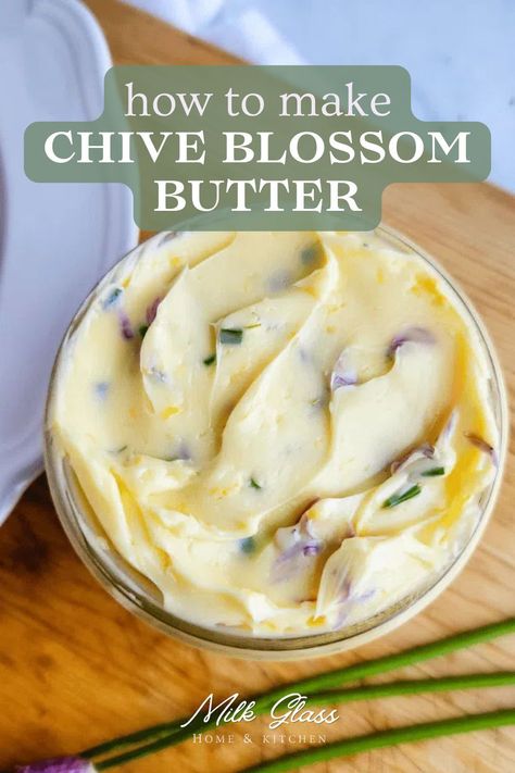 If you’re lucky enough to have excess chives in your garden, you’ve got to make this oniony chive blossom butter! It’s the perfect way to use those edible flowers and this easy compound butter is sure to please. Plus, it freezes great so you can enjoy it any time of the year! Chive Flowers Recipe, Oven Roasted Okra, Chive Flower, Chive Blossom, Edible Flowers Recipes, Garlic Scapes, Compound Butter, Homemade Butter, Herb Butter