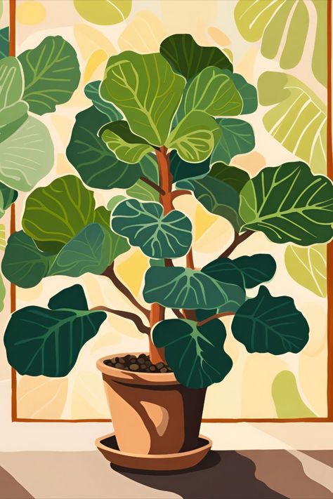 Fiddle Leaf Tree, Fiddle Leaf Fig Tree, Plant Painting, Cozy Aesthetic, Fiddle Leaf, Fiddle Leaf Fig, Art Prompts, Fig Tree, Plant Illustration