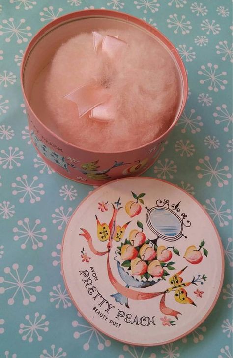 *Vintage AVON ~pretty peach ~talcum powder  +puff Peach Packaging, Peach Perfume, Vintage Parfum, Avon Bottles, Vanity Sets, Peach Puff, Peach Art, Makeup Package, Avon Vintage