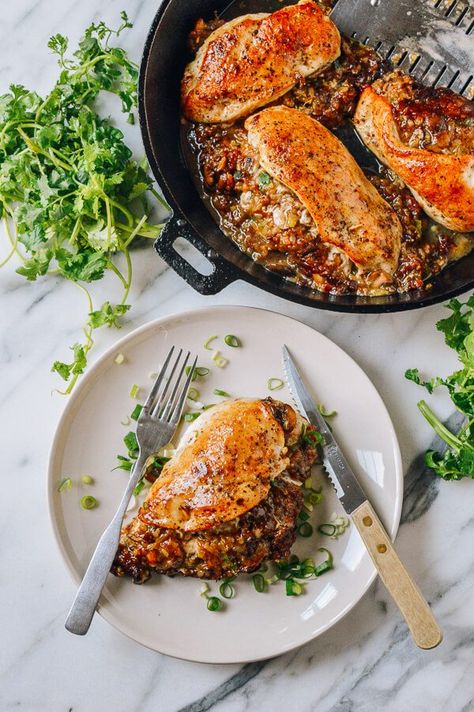 This sticky rice stuffed chicken breast is a beautiful thing––especially since the sticky rice stuffing involves bacon, mushrooms, and lots of scallions. Recipes For Summer Dinner, Rice Stuffed Chicken Breast, Stuffing For Chicken, Rice Stuffed Chicken, Chicken Breast Dishes, Chicken Fillets, Rice Stuffing, Woks Of Life, The Woks Of Life