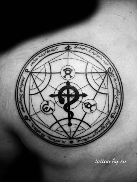 FMA transmutation circle by Su @ Buena Vista Tattoo Club Maori Tattoo Frau, Transmutation Circle, Alchemy Tattoo, Castle Tattoo, Maori Tattoos, Circle Tattoo, Circle Tattoos, Full Metal Alchemist, Military Tattoos