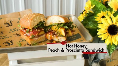 Peach and prosciutto sandwich recipe with hot peach honey Chipotle Sandwich, Peach Sandwich, Prosciutto Sandwich, Mendocino Farms, Honey Roasted Almonds, Peach Honey, Farm Restaurant, Chipotle Aioli, Eat Happy