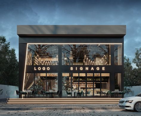 Luxury Restaurant Exterior Design, Restaurant Front Elevation Design, Luxury Cafe Exterior, Commercial Storefront Design, Luxury Restaurant Exterior, Luxury Cafe Design, Cafe Facade Design, Commercial Facade Design, Commercial Building Exterior