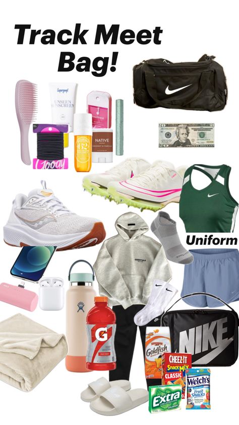 Everything that you need for a track meet. Depending on weather conditions you might bring other things. This is just the overall idea of what to bring. ❤️ Back To School, Track Meet Essentials, Track Meet, School Bag, Track